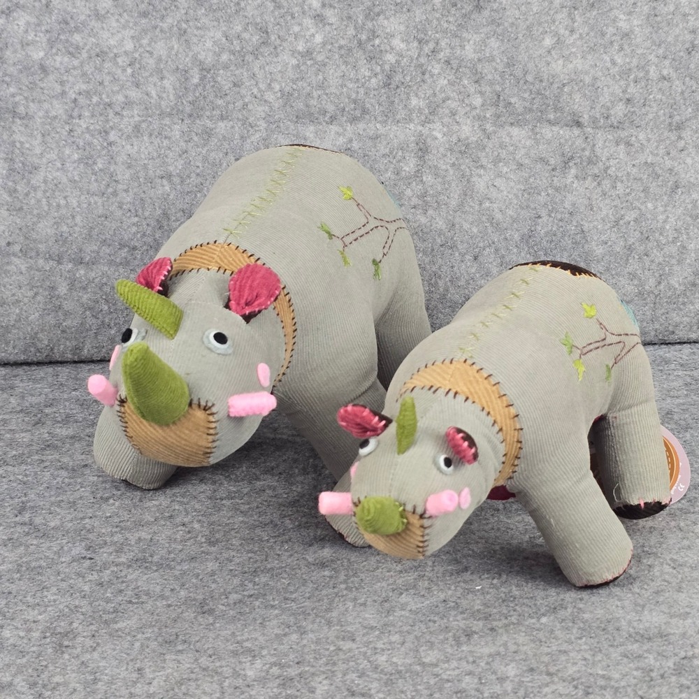 Nook Nook Rhino Decor Set Unisex OS Green Corduroy Folk Art Embroidered Plush